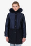 Sandro Navy Wool/Satin Fox Fur Hooded Coat Size 36