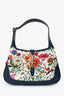 Gucci Blue/Cream Leather/Canvas Floral Horsebit Jackie Shoulder Bag