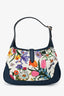 Gucci Blue/Cream Leather/Canvas Floral Horsebit Jackie Shoulder Bag
