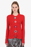 Fendi Red Ribbed Knit/Leather Flower Button Cardigan Size 42