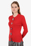 Fendi Red Ribbed Knit/Leather Flower Button Cardigan Size 42