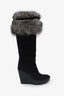 Christian Dior Black Suede/Fox Fur Cannage Knee High Wedge Boots Size 38