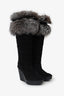 Christian Dior Black Suede/Fox Fur Cannage Knee High Wedge Boots Size 38