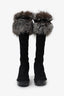 Christian Dior Black Suede/Fox Fur Cannage Knee High Wedge Boots Size 38