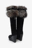 Christian Dior Black Suede/Fox Fur Cannage Knee High Wedge Boots Size 38