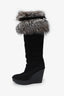 Christian Dior Black Suede/Fox Fur Cannage Knee High Wedge Boots Size 38