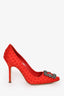 Manolo Blahnik Red Satin Crystal Embellished 'Hangisi' Heels Size 36.5