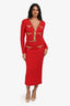 Self-Portrait Red Tweed Pearl Embellished Midi Skirt Size S