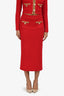 Self-Portrait Red Tweed Pearl Embellished Midi Skirt Size S