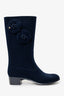 Pre-Loved Chanel™ 11A Navy Velvet Camellia Rubber Rain Boots Size 38