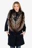 Prada Black Wool Belted Coat With Fox Fur Size 40