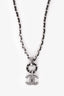 Pre-Loved Chanel™ 2021 Silver Tone Metal/ Leather Intertwined CC Crystal Embellished Necklace