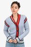 Burberry Light Blue/Red Wool Trim Detailed Cable Knit Cardigan Size 14+