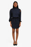Maje Navy Satin Printed Long Sleeve Mini Dress with Cut Outs Size 34