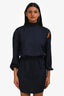 Maje Navy Satin Printed Long Sleeve Mini Dress with Cut Outs Size 34