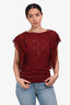 Isabel Marant Red Sheer Embroidered Tassel Detail Short Sleeve Shirt Est. Size S