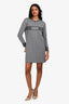 Christian Dior Grey Wool Houndstooth Patterned Logo Long Sleeve Dress Size 13+