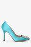 Manolo Blahnik Blue Satin Faux Pearl Hangisi Heels Size 35.5