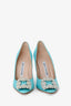 Manolo Blahnik Blue Satin Faux Pearl Hangisi Heels Size 35.5