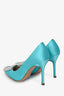 Manolo Blahnik Blue Satin Faux Pearl Hangisi Heels Size 35.5