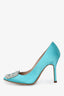 Manolo Blahnik Blue Satin Faux Pearl Hangisi Heels Size 35.5