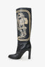 Hermès Limited Edition Black Leather Hand Paint Knee High Boots Size 39