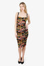 Dolce & Gabbana Black/Multicolour Floral Print Mesh Ruched Midi Dress Size 42