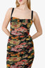 Dolce & Gabbana Black/Multicolour Floral Print Mesh Ruched Midi Dress Size 42