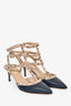 Valentino Navy Blue/Beige Leather Rockstud Cage Heels Size 38