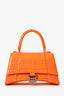 Balenciaga Orange Croc Embossed Small Hourglass Top Handle Bag With Strap