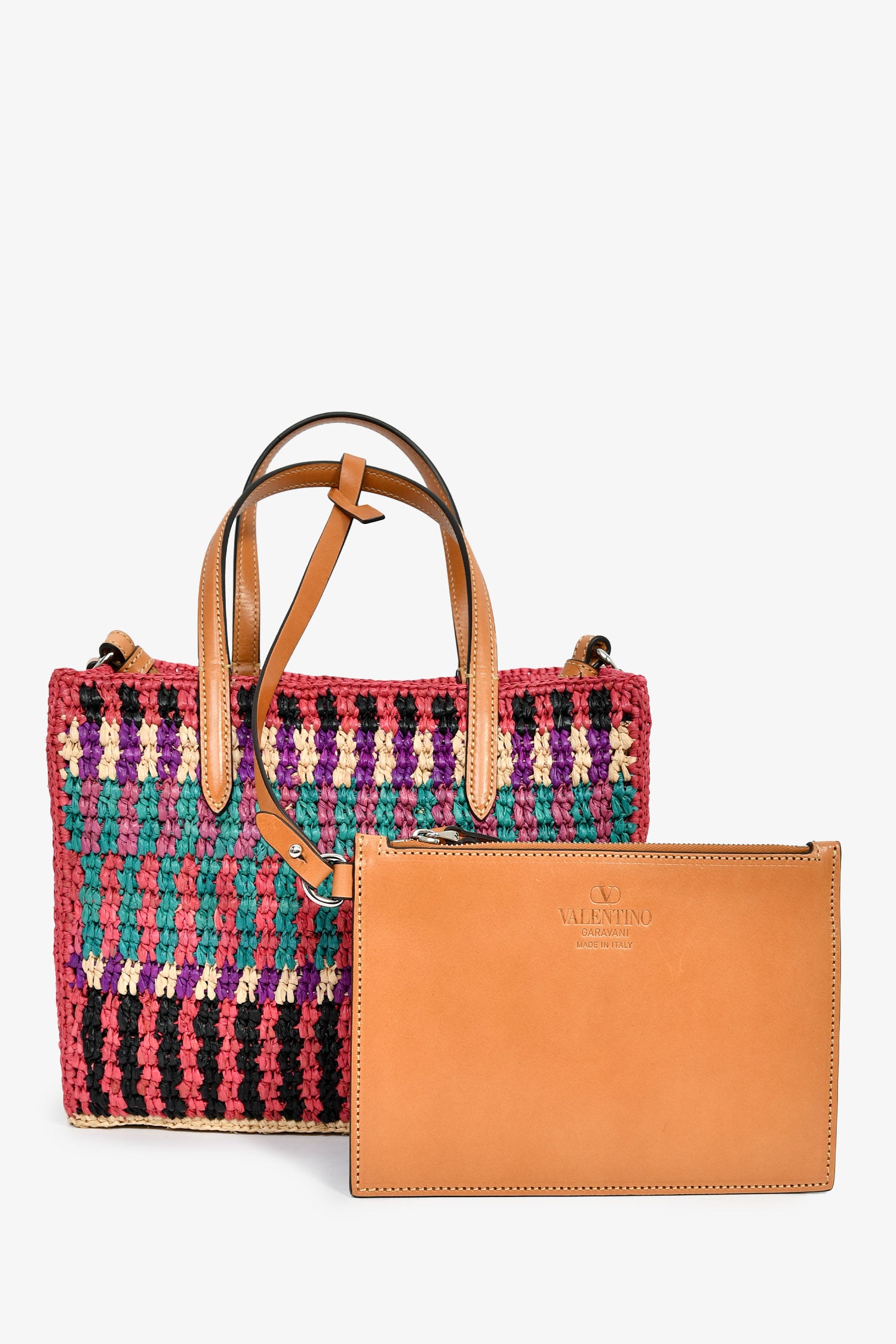 Valentino Pink/Multicolour Raffia VLogo Tote Bag with Pouch – Mine