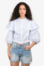 Sandro White/Blue Stripped Puffy Sleeves Cropped Button Up Shirt Size L