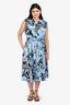 Oscar de la Renta Blue Cotton Foilage Printed Belted Midi Dress Made to Order Size L