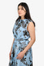 Oscar de la Renta Blue Cotton Foilage Printed Belted Midi Dress Made to Order Size L