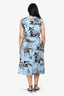 Oscar de la Renta Blue Cotton Foilage Printed Belted Midi Dress Made to Order Size L