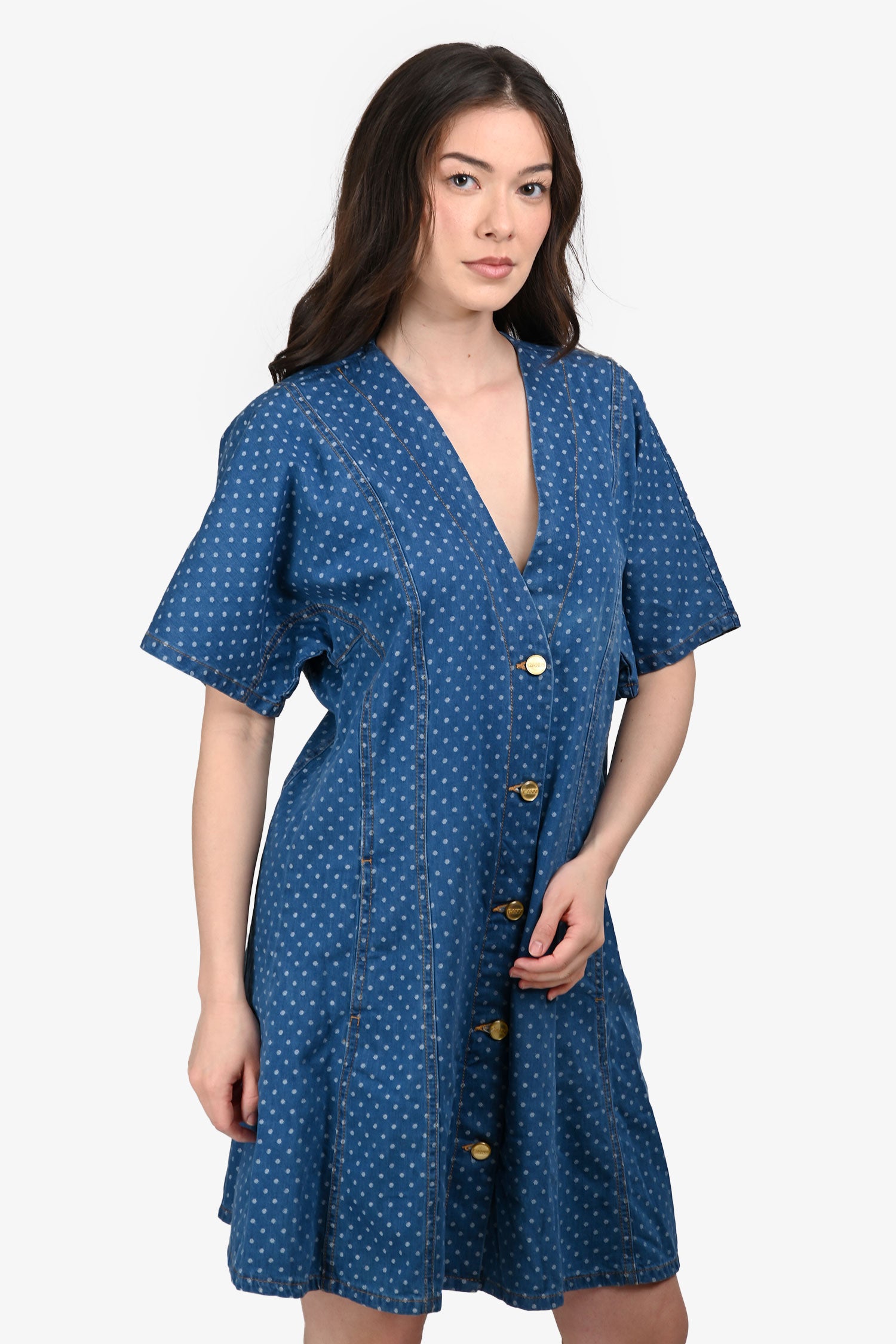 ganni polka dot denim dress Fil coup denim mini shirt dress - dark denim
