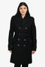 Burberry London Black Wool Double Breasted Leather Detail Coat Size 48 With Belt