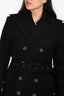 Burberry London Black Wool Double Breasted Leather Detail Coat Size 48 With Belt