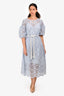 Maje Light Blue Puff Sleeve Belted Perforated Midi Dress With Slip Size 42