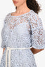 Maje Light Blue Puff Sleeve Belted Perforated Midi Dress With Slip Size 42