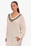 Brunello Cuccinelli White Cotton Crochet Striped Neckline Long Sleeve Maxi Dress Size M