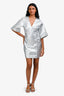 Ganni Silver Crinkle Short Sleeve V-Neck Buttoned Dress Size 34
