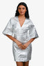 Ganni Silver Crinkle Short Sleeve V-Neck Buttoned Dress Size 34