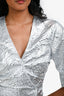 Ganni Silver Crinkle Short Sleeve V-Neck Buttoned Dress Size 34
