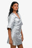 Ganni Silver Crinkle Short Sleeve V-Neck Buttoned Dress Size 34