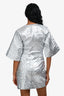 Ganni Silver Crinkle Short Sleeve V-Neck Buttoned Dress Size 34