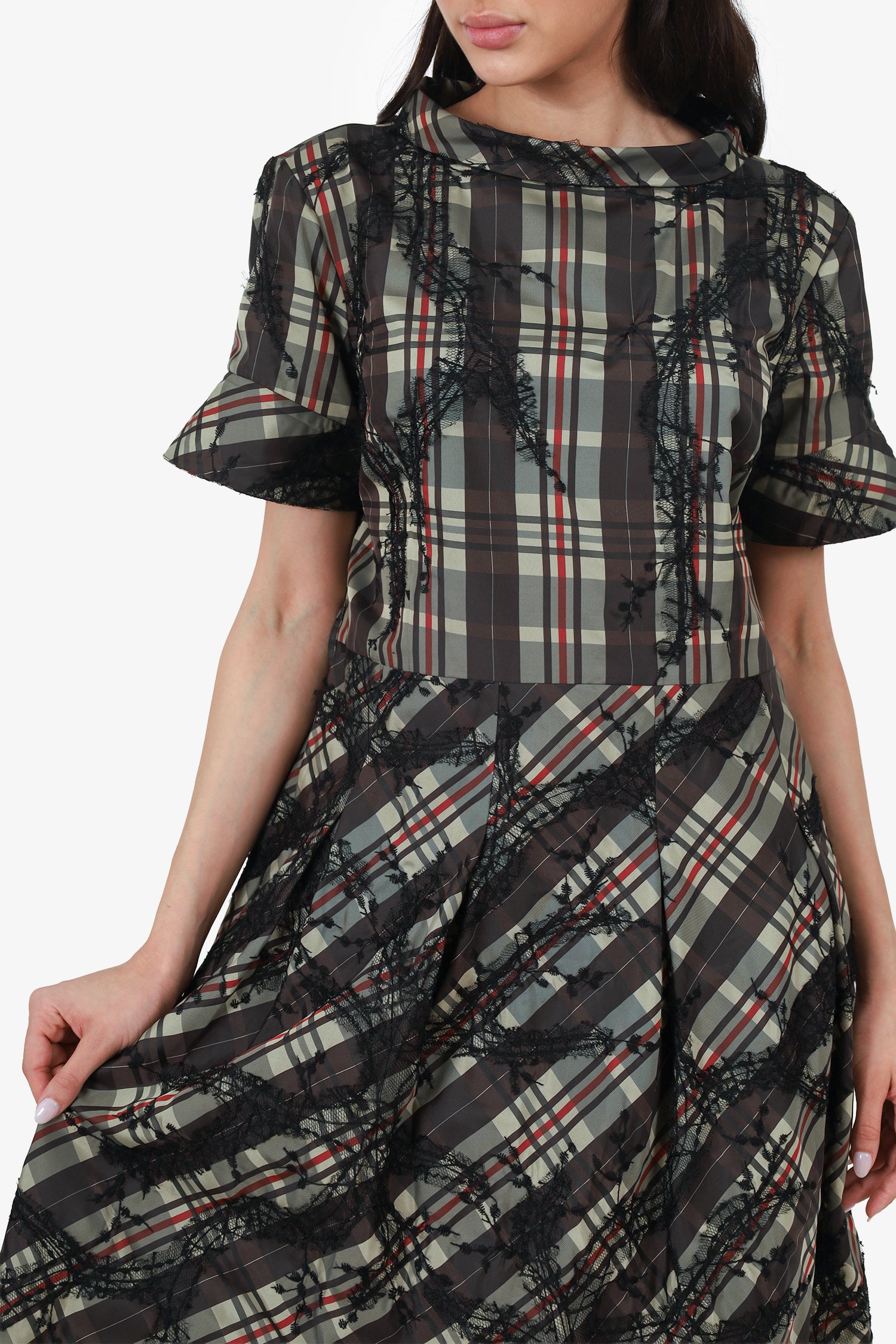Burberry Green Plaid And Lace Print Midi Dress Size 44 – Mine & Yours