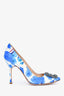Manolo Blahnik Blue/White Satin Floral Crystal Embellished Hangisi Heels Size 38