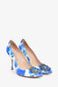 Manolo Blahnik Blue/White Satin Floral Crystal Embellished Hangisi Heels Size 38