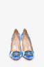 Manolo Blahnik Blue/White Satin Floral Crystal Embellished Hangisi Heels Size 38